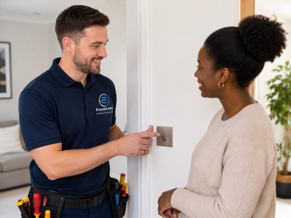 Everald Alfs electrician speaking with a customer about electrical work in Hackney