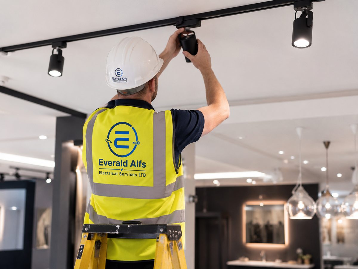 Electrician installing track lighting in a Hackney commercial space